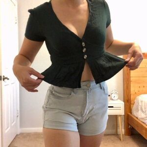 Sky and Sparrow Dark Green Peplum Button Up Crop Top Blouse Size Medium